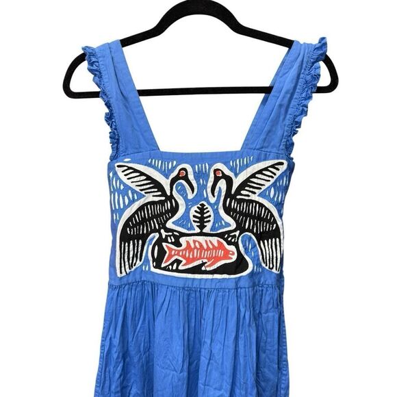 Carolina K KunaβMaxi Dress Blue Boho Tiered Embroidered Bird print Small - Picture 5 of 14